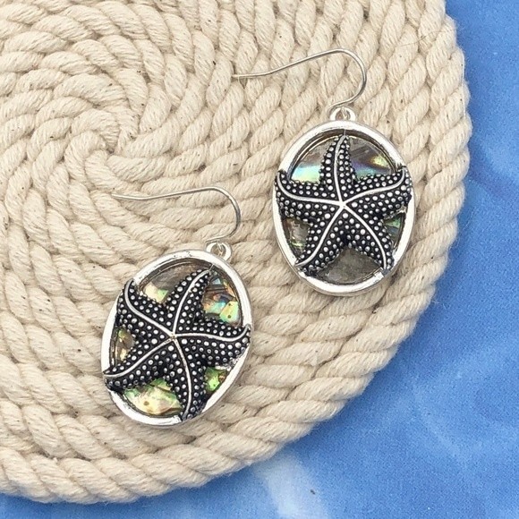 🌼 Abalone Shell Silver Dangle Starfish Earrings - Picture 1 of 3